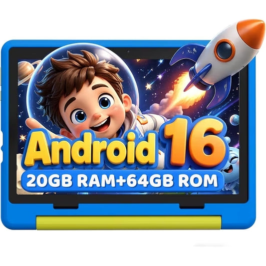 Blue kids tablet with Android 16 screen and rocket graphic