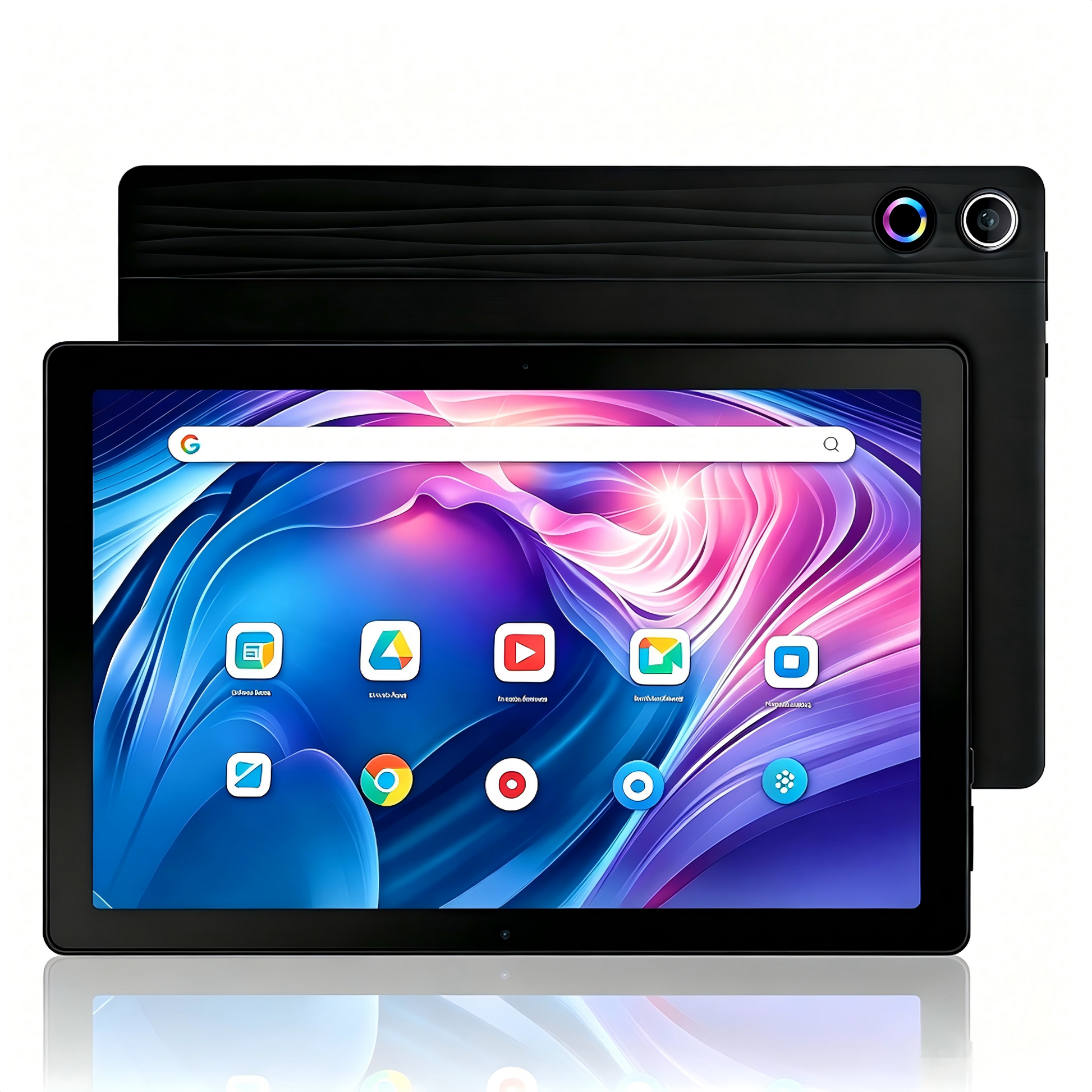 Black Android 14 tablet with front touchscreen display and rear cameras
