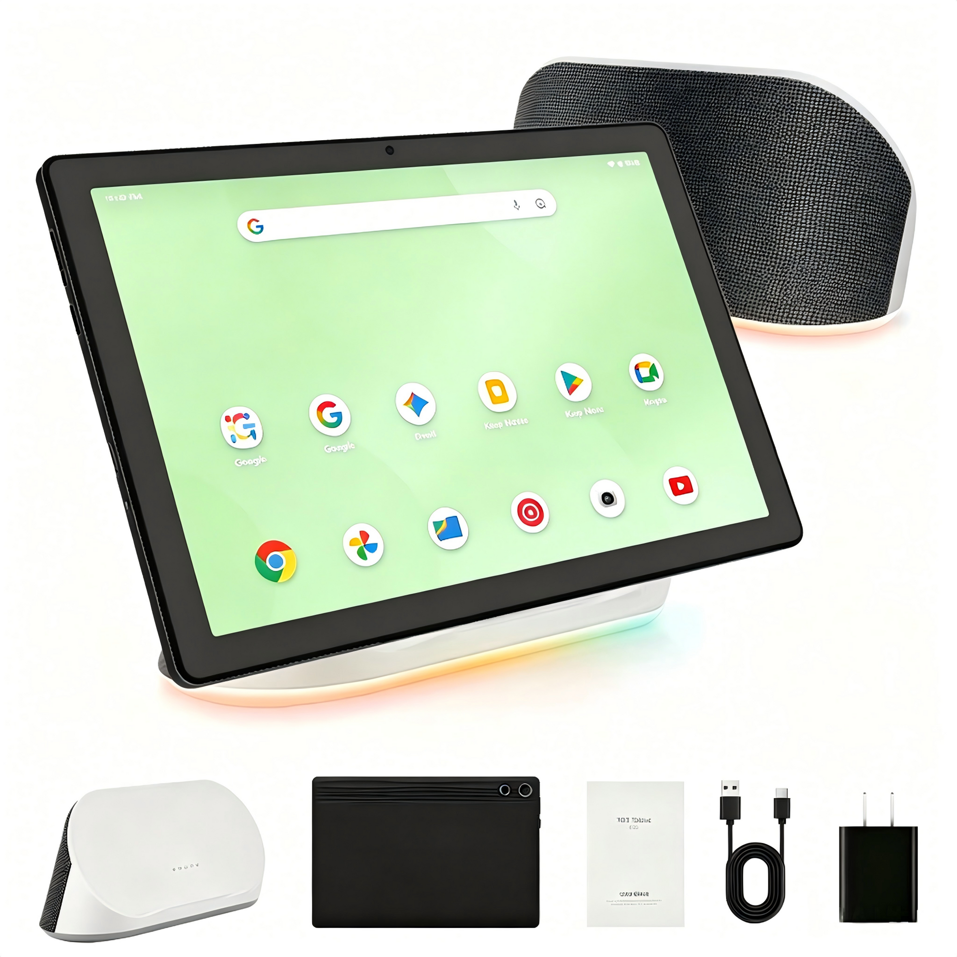 Black tablet with speaker dock, front view, screen on